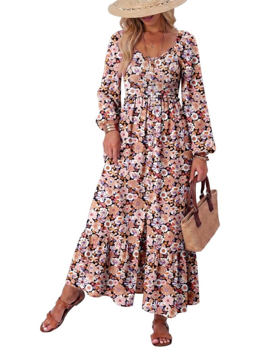 Boho Floral Maxi Dress - Smocked Empire Waist, Square Neck, Long Sleeve, Beach